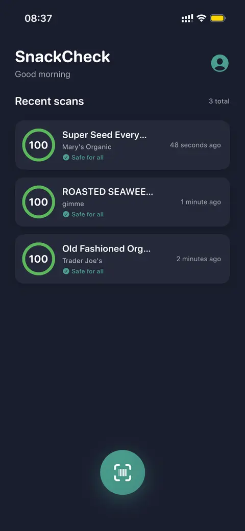 Snack Check home screen showing recent scans with safety scores