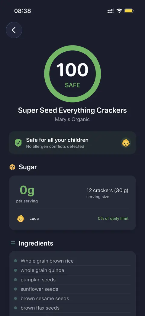 Snack Check product detail with safety score and ingredients